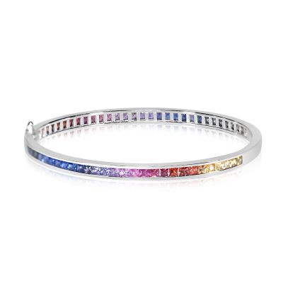 HAWAII GAY Stack Hinge Bangle 7 inch 8 Carats Unicorn Sapphire 2.5mm Princess Cut in Silver Nonbinary Jewelry