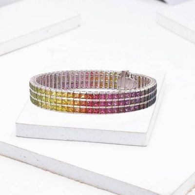 30 Carat Rainbow Sapphire Tripple Row Channel Set Tennis Bracelet 18K Gold by Equalli.com