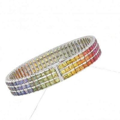 30 Carat Rainbow Sapphire Tripple Row Channel Set Tennis Bracelet 18K Gold by Equalli.com