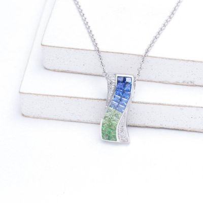 Blue Sapphire, Tsavorite Green Garnet & Diamond Curved Pendant 18K Gold (2.54ct tw) by Rainbowsapphirejewelers.com