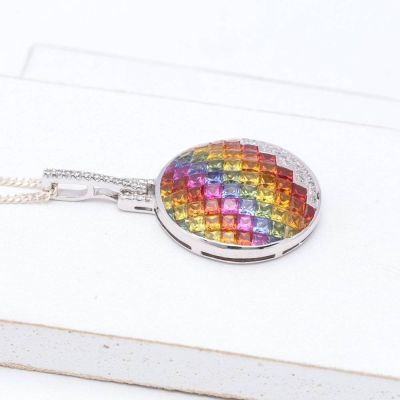 Rainbow Sapphire & Diamond Round Pendant 14K or 18K Gold (9.17ct tw) by Rainbowsapphirejewelers.com