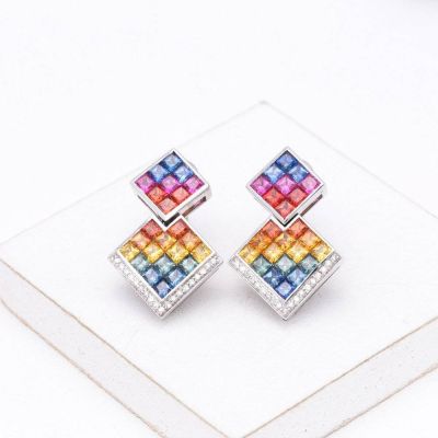 Rainbow Sapphire Double Square & Diamond 18K Gold Earrings (4.40ct tw)