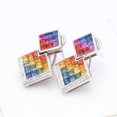 Rainbow Sapphire Double Square & Diamond 18K Gold Earrings (4.40ct tw)