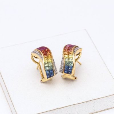 Rainbow Sapphire & Diamond 18K Gold Earrings (5.06ct tw)