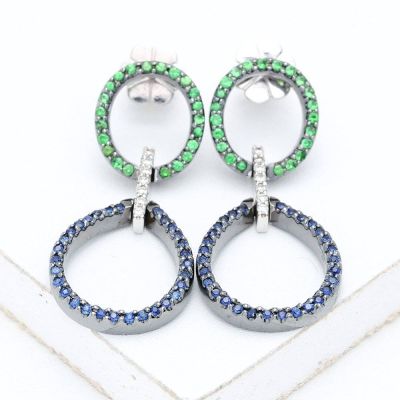 BLUE SAPPHIRE, TSAVORITE GREEN GARNET & DIAMOND 18K GOLD EARRINGS (0.92CT TW)