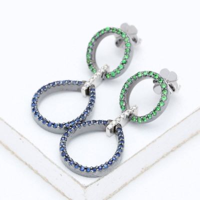 BLUE SAPPHIRE, TSAVORITE GREEN GARNET & DIAMOND 18K GOLD EARRINGS (0.92CT TW)