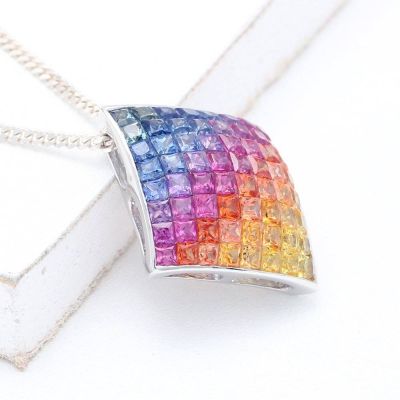 Rainbow Sapphire Curved Diamond Shape Pendant 18K Gold (2.64ct tw) by Rainbowsapphirejewelers.com