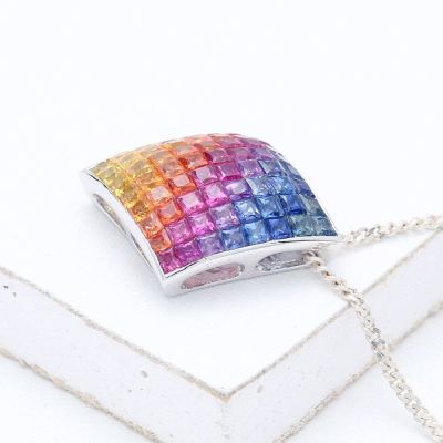Rainbow Sapphire Curved Diamond Shape Pendant 18K Gold (2.64ct tw) by Rainbowsapphirejewelers.com