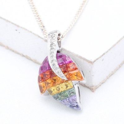Rainbow Sapphire & Diamond Maple Leaf Pendant 18K Gold (3.66ct tw)