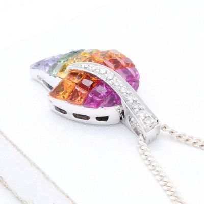 Rainbow Sapphire & Diamond Maple Leaf Pendant 18K Gold (3.66ct tw)