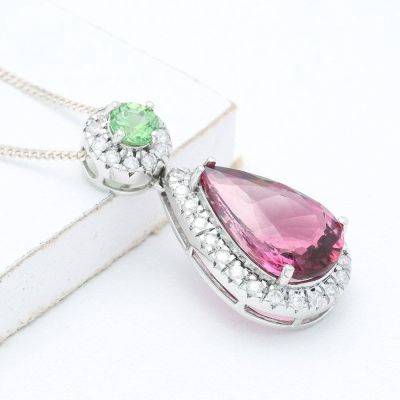 AURORA TSAVORITE PINK TOURMALINE & DIAMOND PENDANT IN 18K WHITE GOLD (10.15CT) by EQUALLI.COM