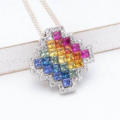 CALLIE RAINBOW SAPPHIRE & DIAMOND PENDANT IN 14K GOLD