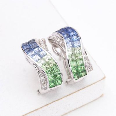 ASHLEY BLUE SAPPHIRE, TSAVORITE GARNET & DIAMOND EARRINGS IN 18K GOLD