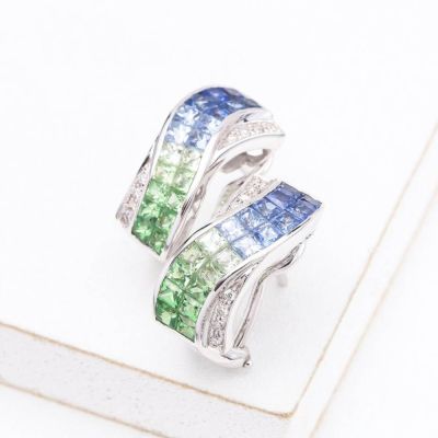 ASHLEY BLUE SAPPHIRE, TSAVORITE GARNET & DIAMOND EARRINGS IN 18K GOLD