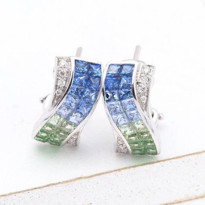 ASHLEY BLUE SAPPHIRE, TSAVORITE GARNET & DIAMOND EARRINGS IN 18K GOLD