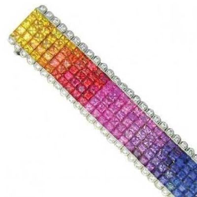 53.55 CARAT RAINBOW  SAPPHIRE & DIAMOND INVISIBLE SET 5 ROW TENNIS BRACELET 14K GOLD by Equalli.com