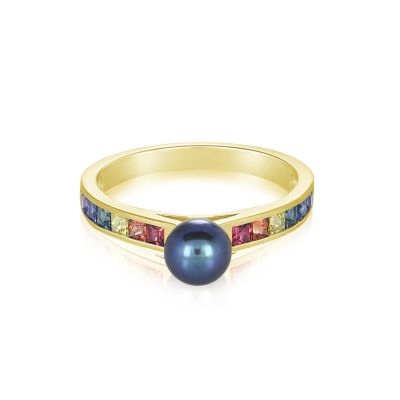 Agender Tahitian Pearl Ring in 14K 18K Gold Princess Cut Sapphire 1 Carat