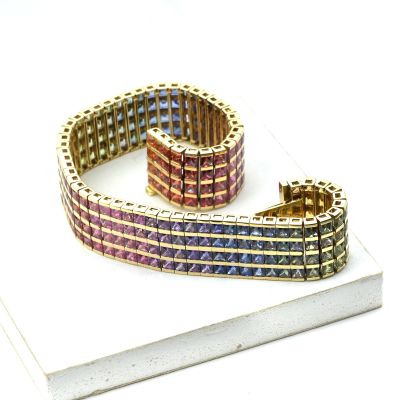 40 CARAT RAINBOW SAPPHIRE CHANNEL SET 4 ROW TENNIS BRACELET IN 18K GOLD BY EQUALLI.COM