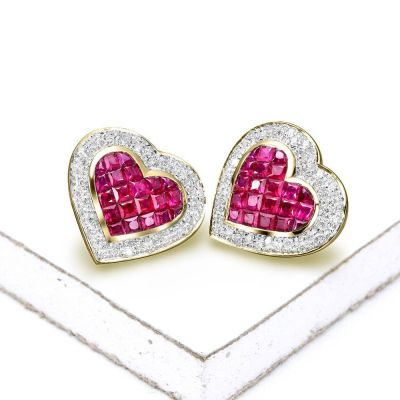 KRISELLE RUBY INVISIBLE SET & DIAMOND HEART EARRING IN 14K GOLD by EQUALLI.COM