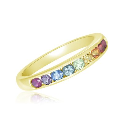 COLONGE PRIDE Gold Genderless Wedding Band 14K Gold Engagement Ring Rainbow Sapphire 2.5mm 1 carat Celebrate Pride