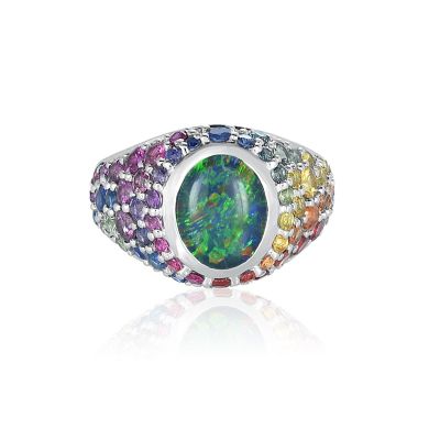MALIBU Matching Couple Wedding Band Sterling Silver Rainbow Ring