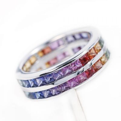 Double Row Eternity Agender Sapphire Wedding Ring 2.5mm Princess Cut 8 Carat