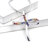 Rainbow Sapphire Crucifix Pendant in Sterling Silver