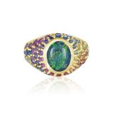 MALIBU Agender Wedding Band 18K 14K Gold Matching Couple Ring Rainbow Spectrum