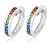 CHIANGMAI MINIMAL RAINBOW HUGGIE EARRINGS IN SILVER, NATURAL SAPPHIRE MEDIUM HOOPS