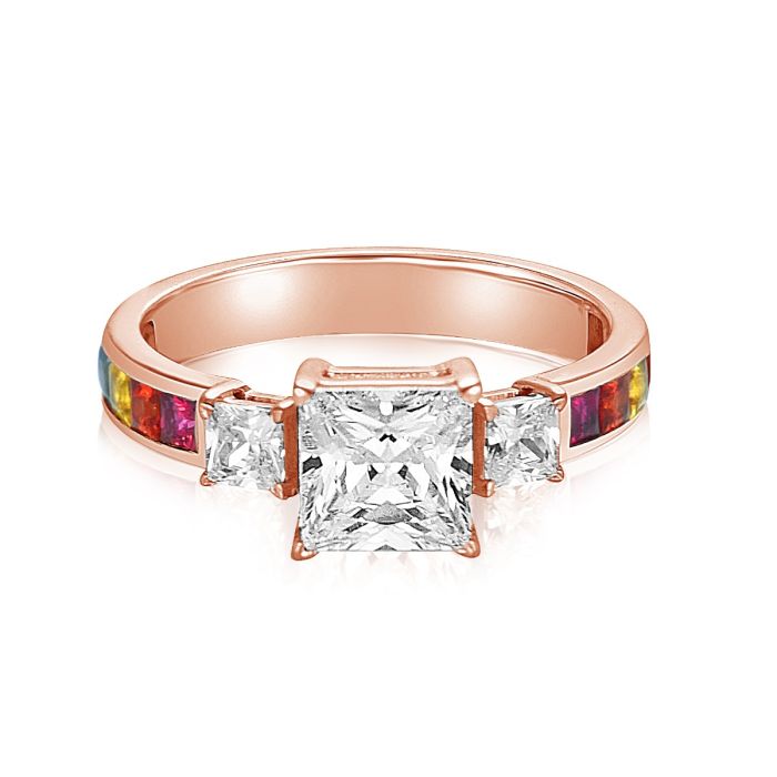 CENTRAL SQUARE THREE STONE ENGAGEMENT RING IN GOLD MOISSANITE OPTION
